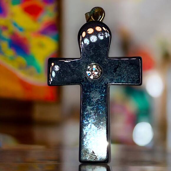 Gunmetal Hematite Cross with a Rhinestone 1 5/8" Pendant! - Picture 1 of 6